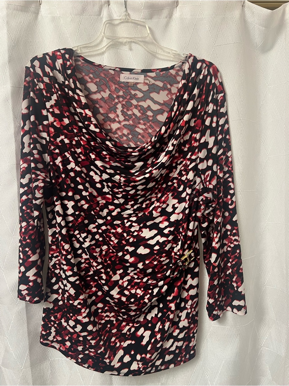 Calvin Klein Black, White & Burgundy Abstract Cowl Neck Top